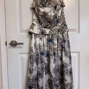 Vintage Betsey Johnson Silk Floral Strapless Dress with Blue Accents.